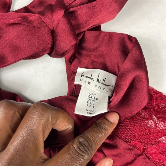 Nicole Miller New York Satin Neck Tie Blouse Red Lace Short Sleeve Shirt SMALL - Picture 5 of 11